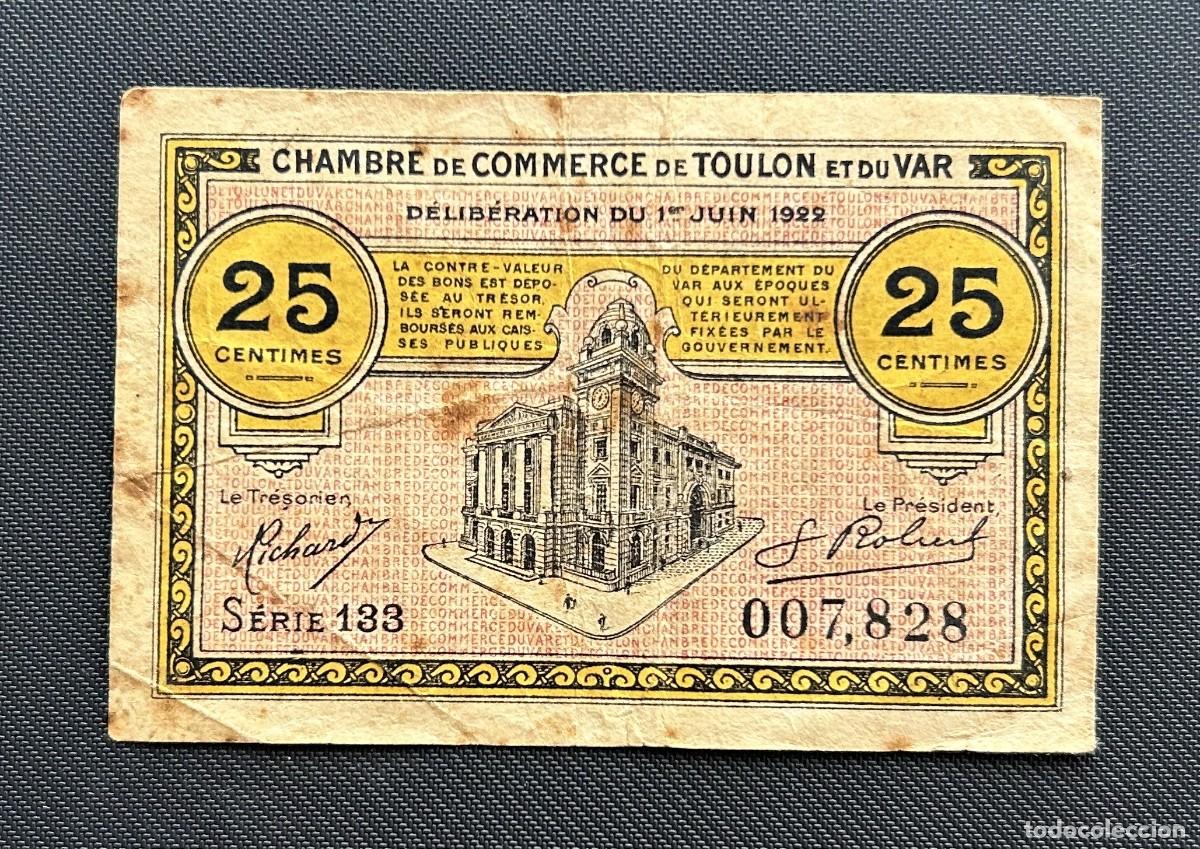 Billetes extranjeros: 25 CENTIMES 1922 TOULON & VAR. FRANCIA