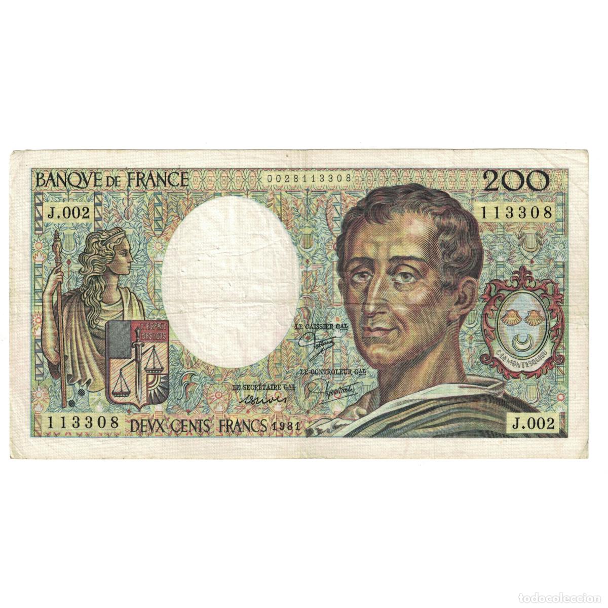 Billetes extranjeros: [#244708] Francia, 200 Francs, Montesquieu, 1981, J.002 113308, BC+, Fayette:70.1, KM:155a