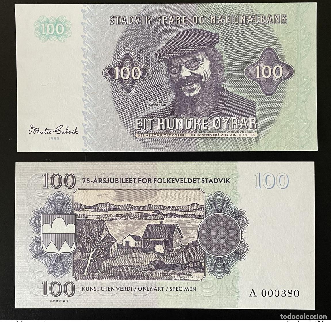 International Banknotes: 2020 Matej Gabris Noruega 100 Oyrar UNC SPECIMEN ESSAY Edici&oacute;n limitada