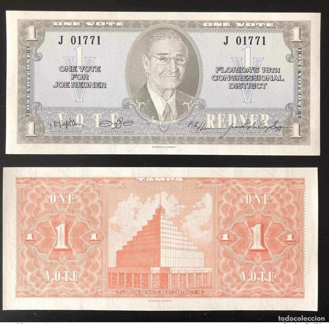 International Banknotes: 2016 Matej Gabris Stebbins One Vote Dollar Redner Florida USA UNC ESSAY Limited