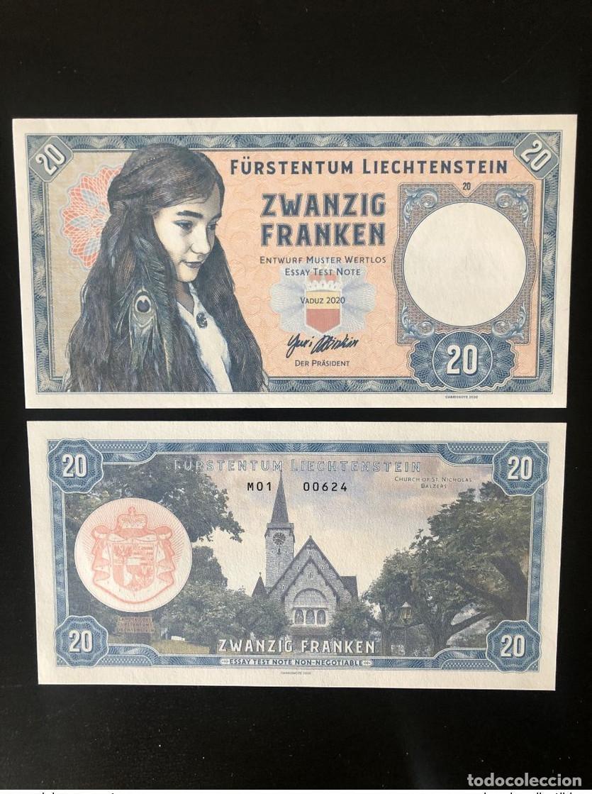International Banknotes: 2020 Matej Gabris 20 Franken Liechtenstein Vaduz Serie M UNC ESSAY Limited