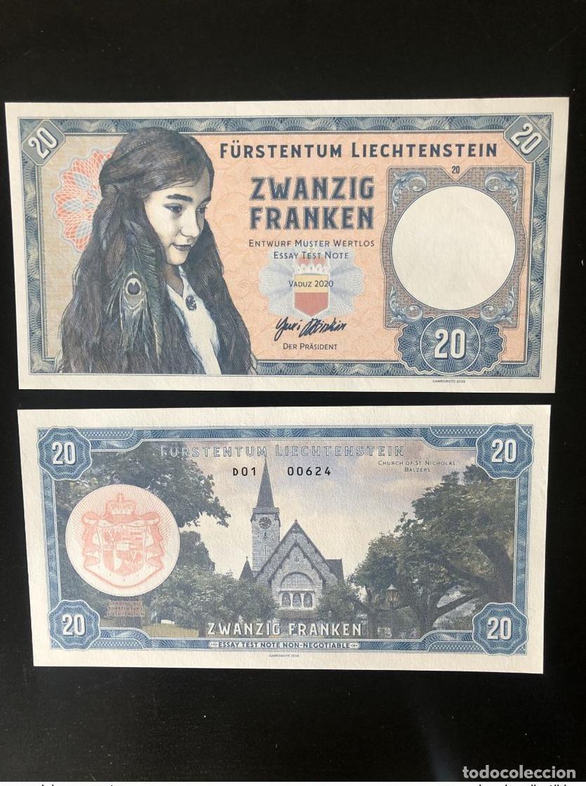 International Banknotes: 2020 Matej Gabris 20 Franken Liechtenstein Vaduz Serie D UNC ESSAY Limited