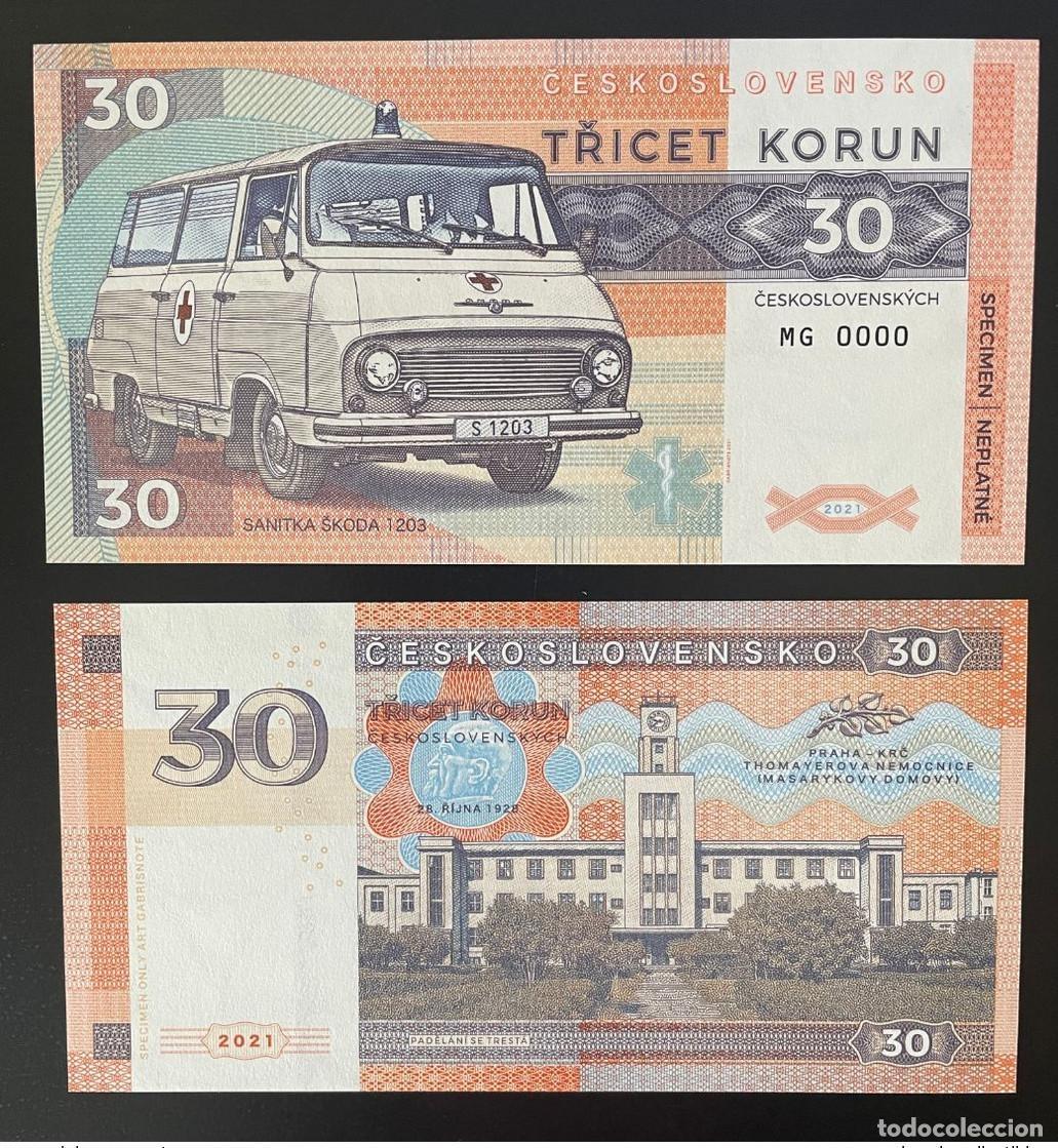 International Banknotes: 2021 Matej Gabris 30 Korun Ceskoslovensko Sanitka Skoda 1203 UNC ESSAY Limited
