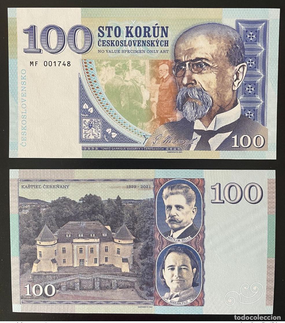 International Banknotes: 2021 Matej Gabris 100 Korun Ceskoslovensko T.G Masaryk Cerenany UNC ENSAYO LIMITADO