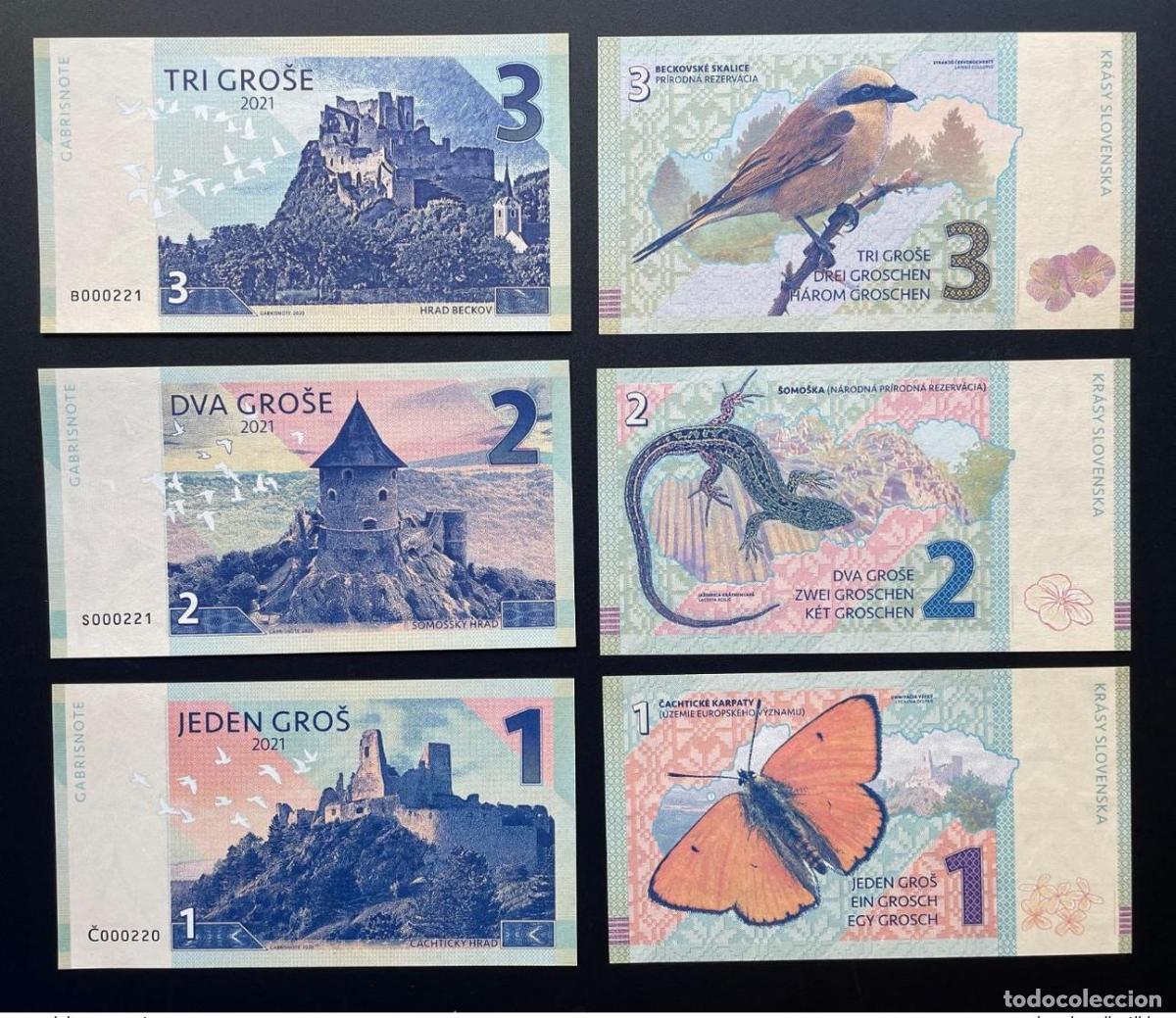International Banknotes: 2021 Matej Gabris 1 2 3 Gros Eslovaquia Cachticky Somossky Beckov UNC ENSAYO limitado