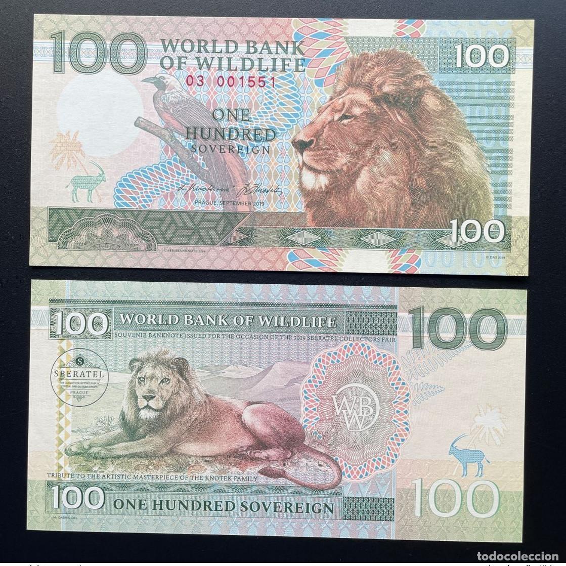 International Banknotes: 2019 Matej Gabris 100 Sovereign Banco Mundial Lion Bird Sberatel UNC ESSAY Limited