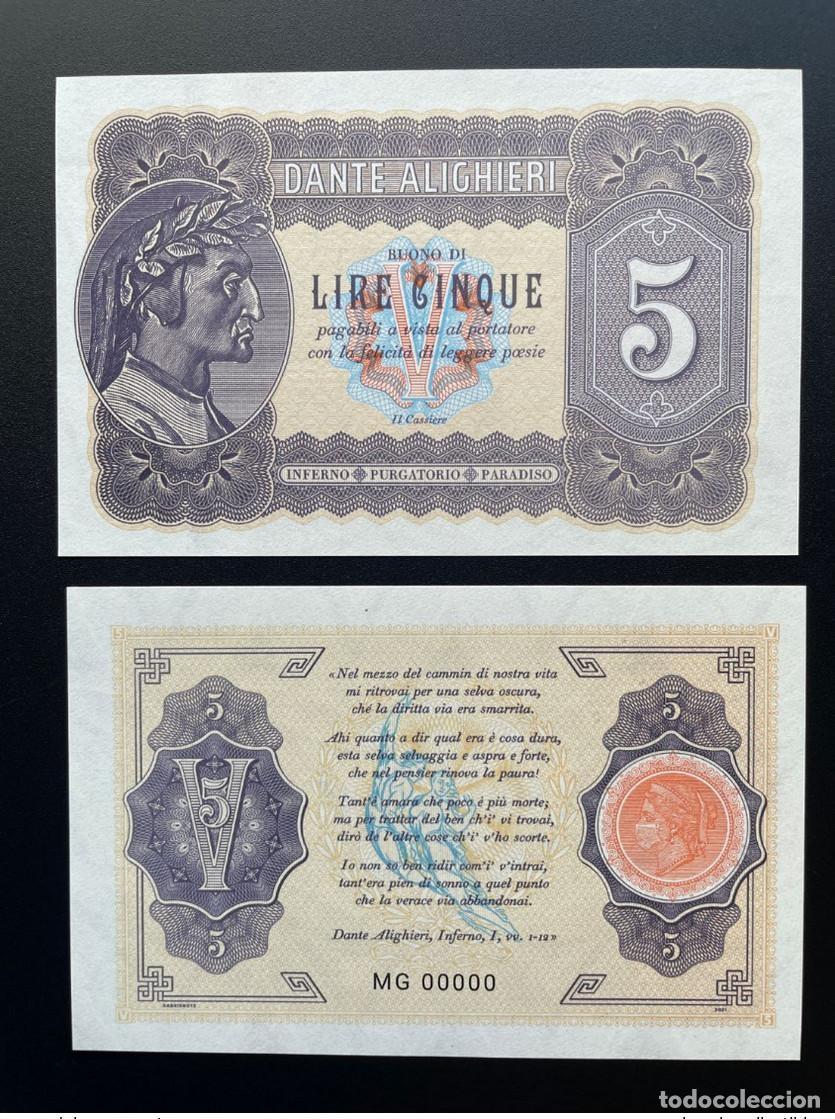 Billets internationaux: 2021 Matej Gabris 5 Liras Italia Dante Alighieri MG 00000 UNC SPECIMEN ENSAYO