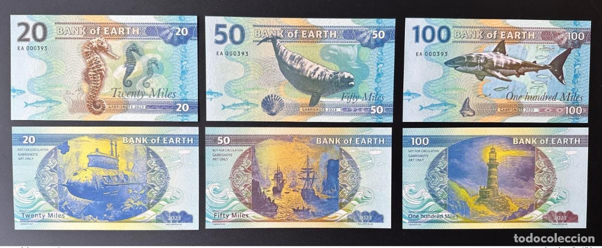 Billets internationaux: 2023 Matej Gabris 20 50 100 millas Bank of Earth Shark UNC ENSAYO LIMITADO