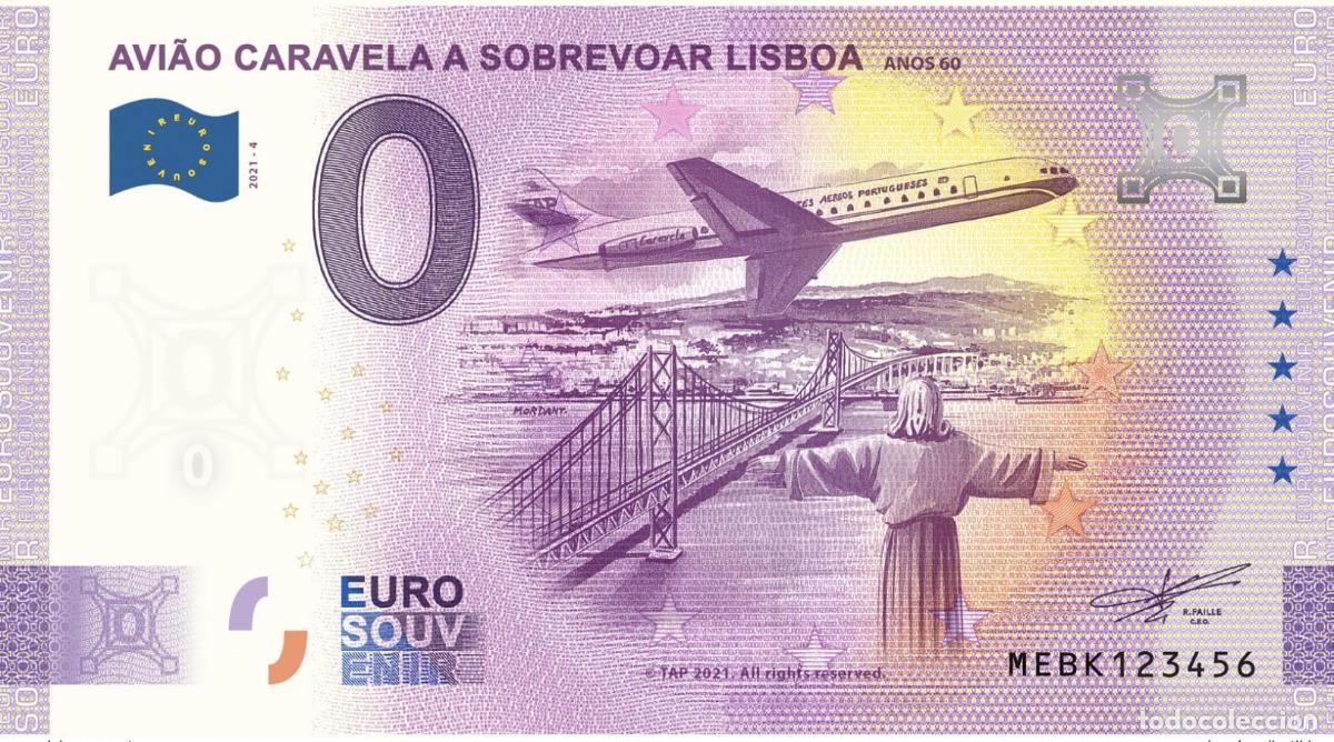 International Banknotes: Billete de recuerdo 2021 Portugal Avi&atilde;o Caravela a sobrevoar Lisboa - Aniversario