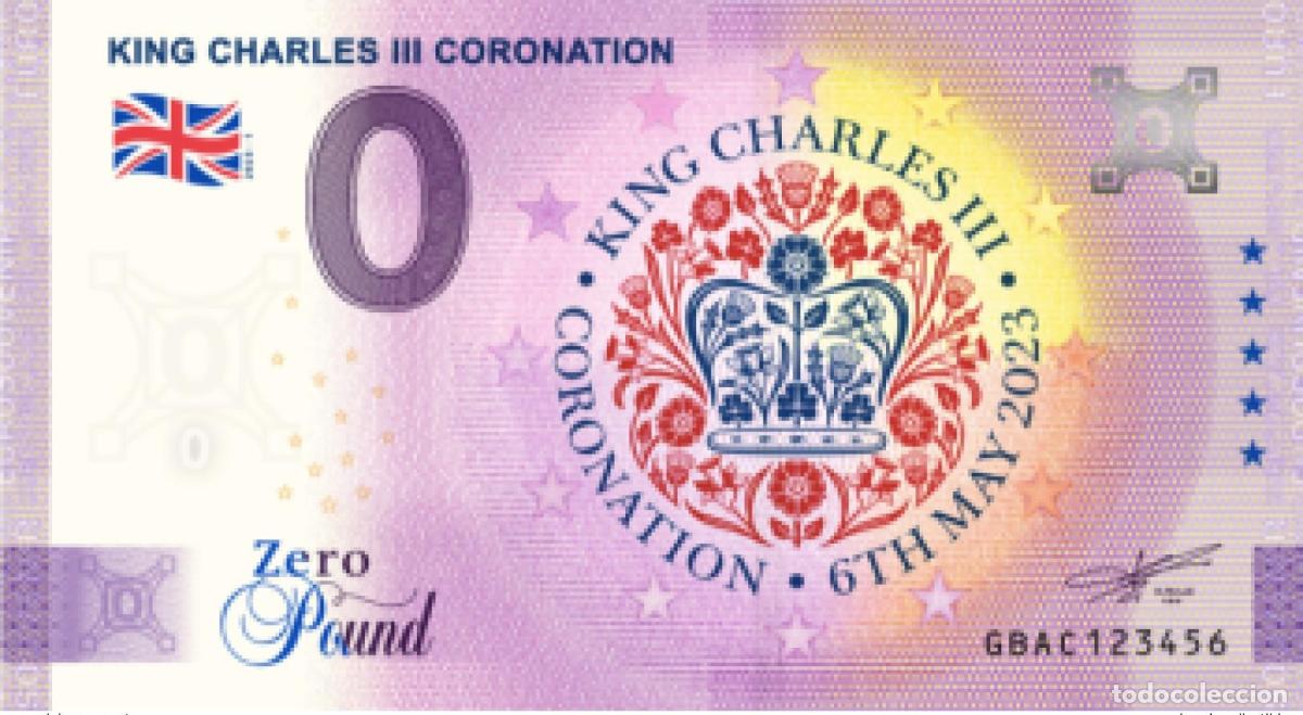 Notas Internacionais: Billete tur&iacute;stico de recuerdo 2023 0&pound; para la coronaci&oacute;n del rey Carlos III Inglaterra