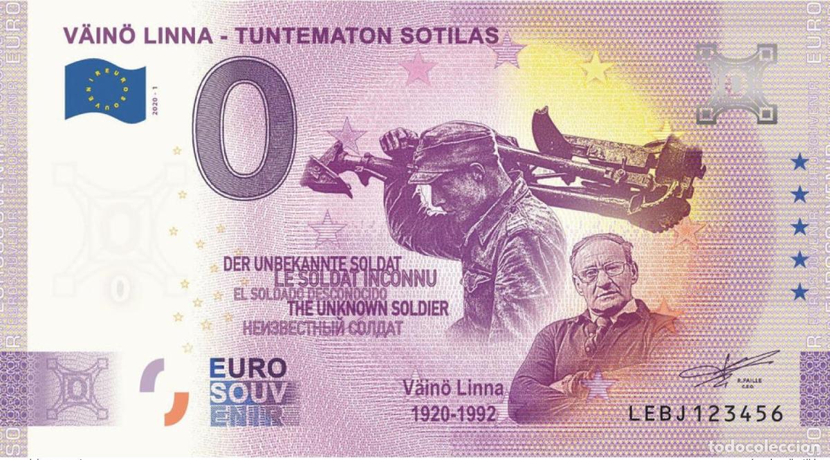 Banconote internazionali: Entrada de recuerdo 2020 para Finlandia Vaino Linna - Tuntematon Sotilas Aniversario