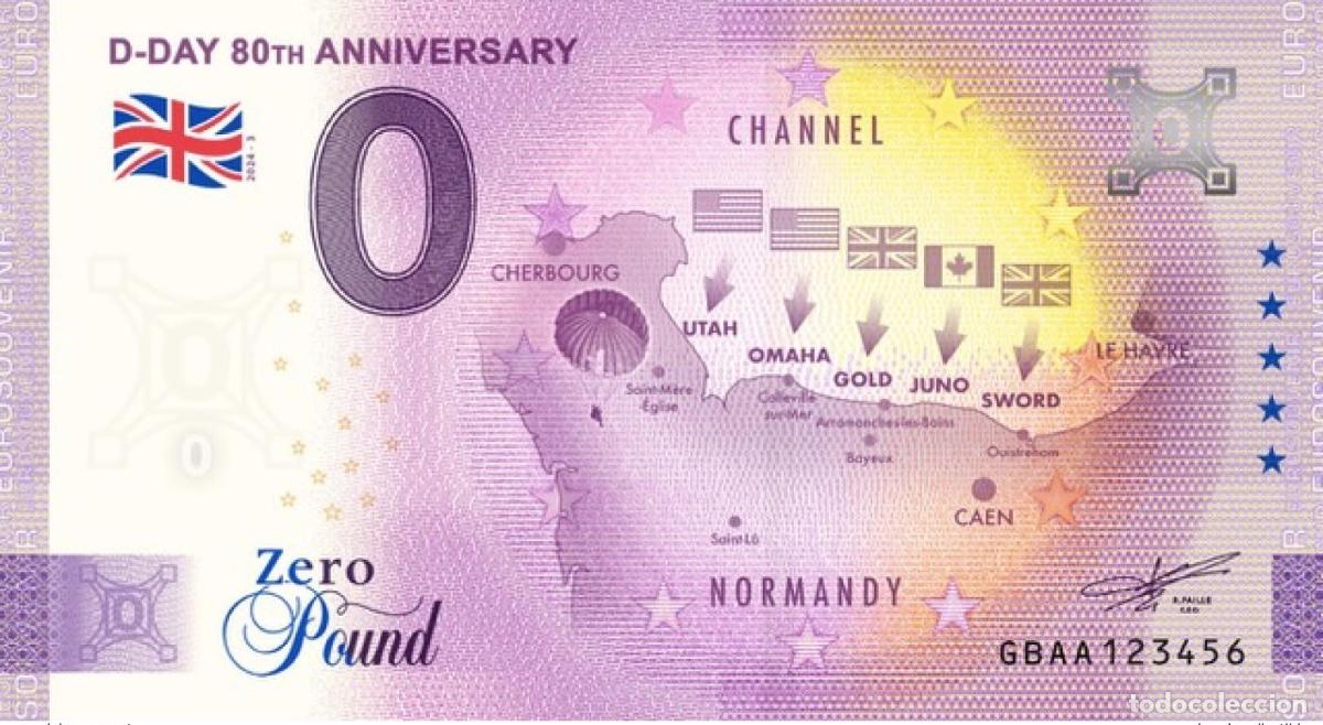 Banconote internazionali: Boleto tur&iacute;stico de recuerdo para 2024 0 libras esterlinas 80 aniversario del D&iacute;a D Inglaterra