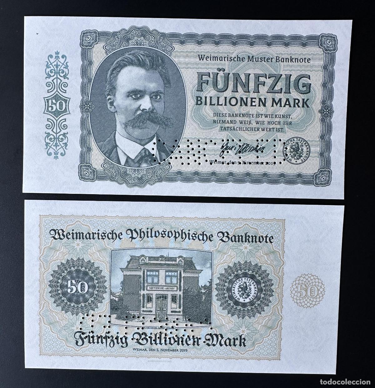 Banconote internazionali: 2019 Matej Gabris 50 mil millones Mark Weimar Friedrich Nietzsche ENSAYO CANCELADO