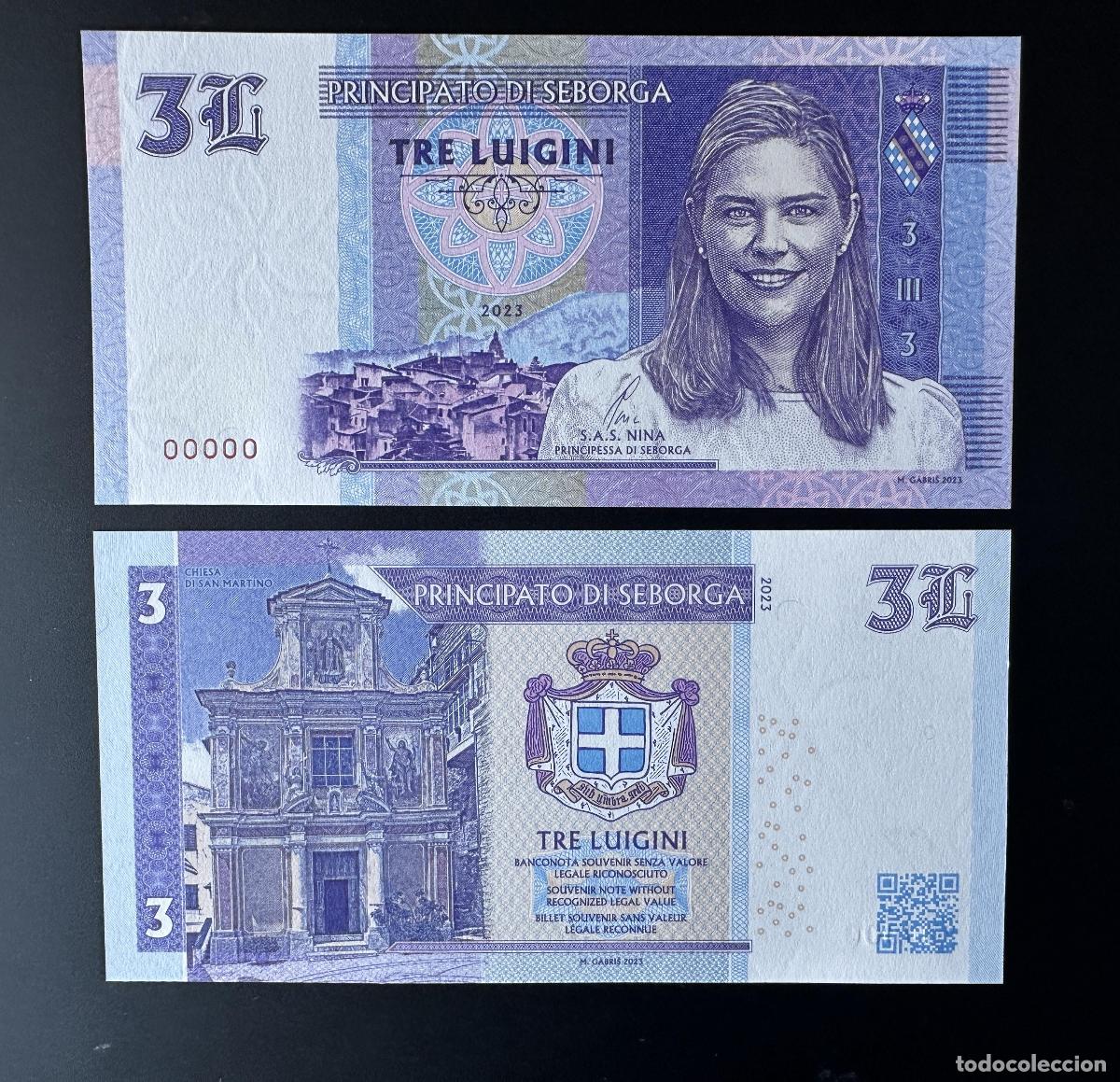 Banconote internazionali: 2024 Matej Gabris 3 Luigini Principado de Seborga 00000 Princesa Nina ENSAYO