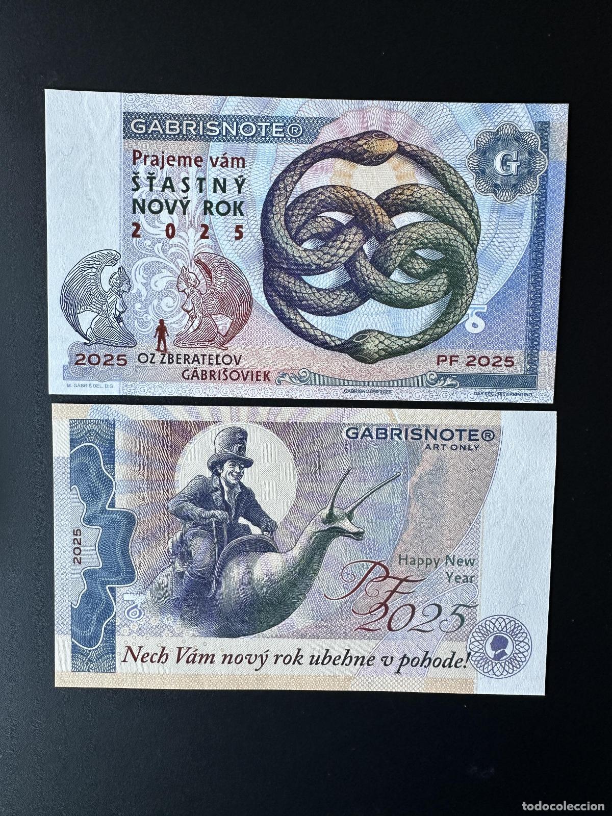 Banconote internazionali: 2025 Matej Gabris PF Feliz A&ntilde;o Nuevo caracol Schnecke UNC ENSAYO DE ESP&Eacute;CIMEN