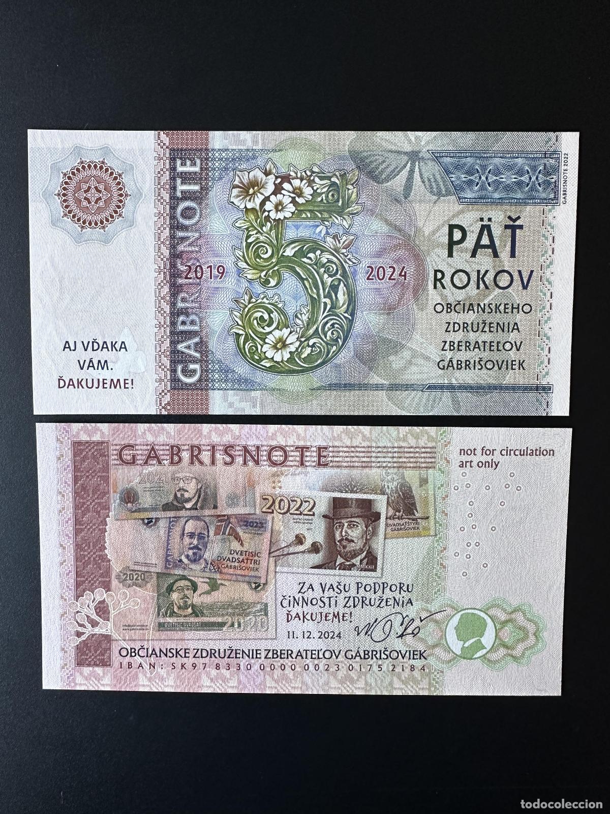 Banconote internazionali: 2024 Matej Gabris 2019 5 a&ntilde;os Dakujeme Gracias UNC SPECIMEN ESSAY