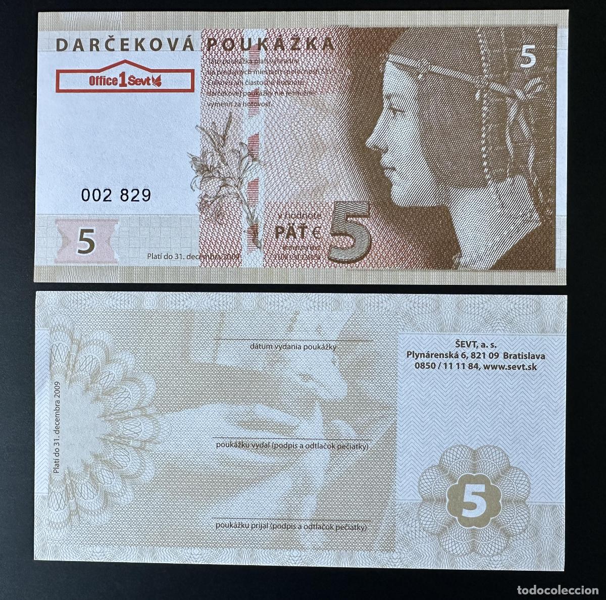 International Banknotes: 2009 Matej Gabris SEVT Darcekova poukazka 5&euro; UNC SPECIMEN ESSAY Edici&oacute;n limitada