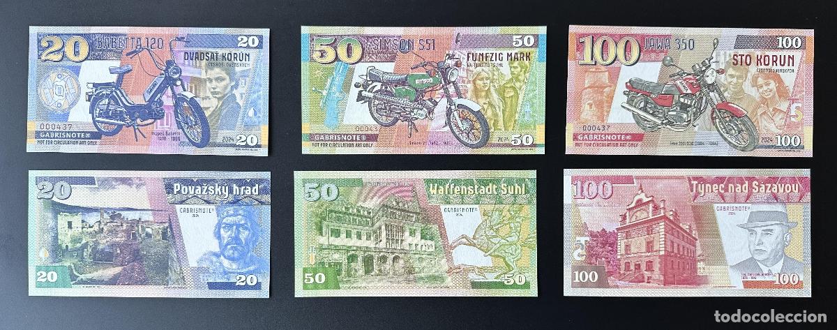 International Banknotes: 2024 Matej Gabris 20 100 Korun 50 Mark Motocicletas Motorr&auml;der Jawa Simson