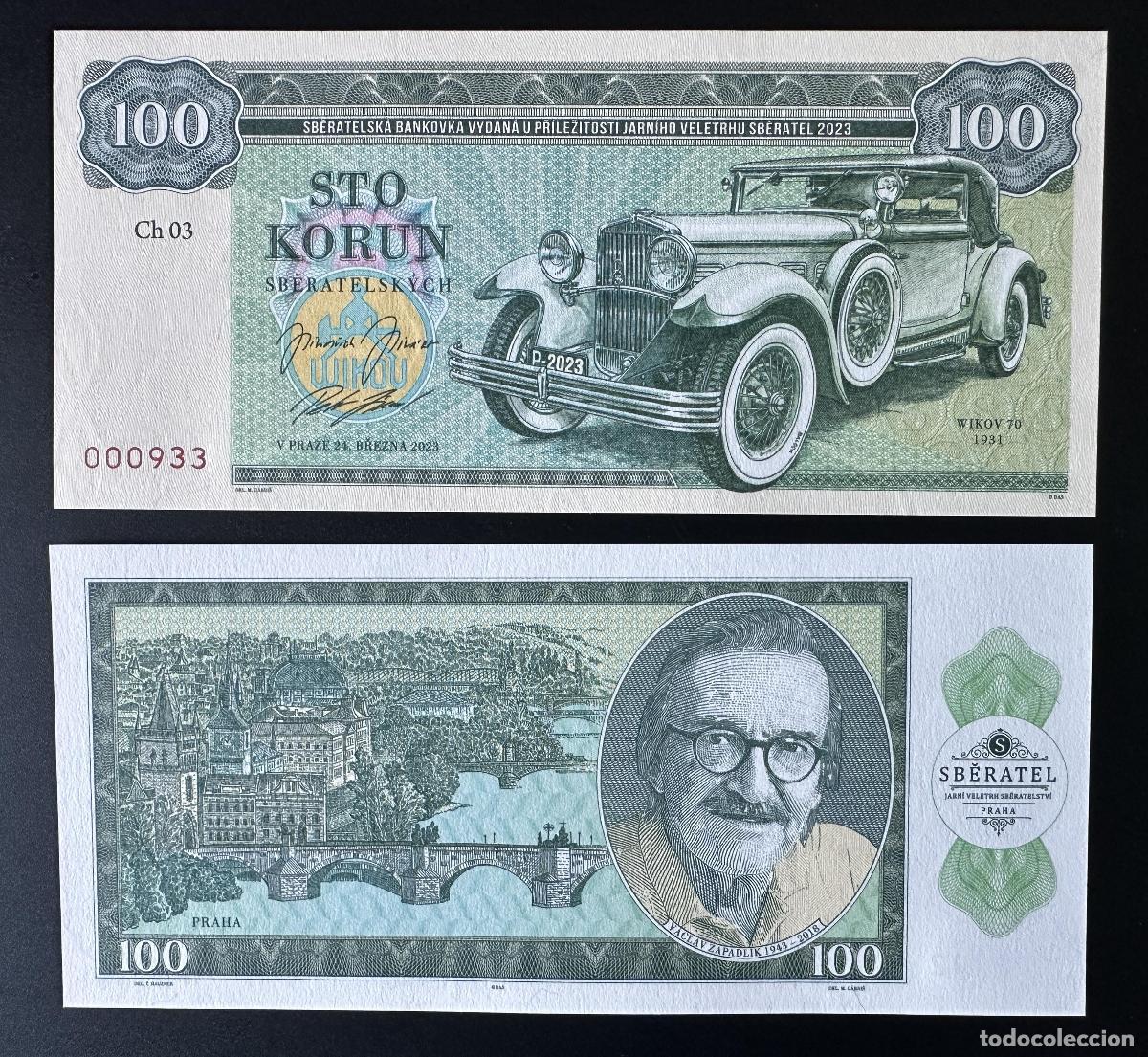 International Banknotes: 2023 Matej Gabris 100 Korun Wikov 70 coches Auto car Sberatel Praha Zapadlik