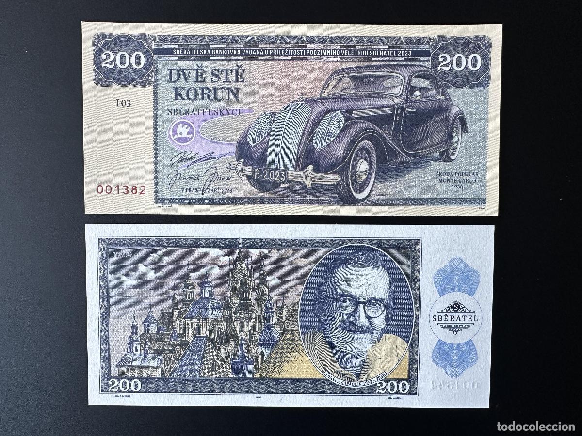 International Banknotes: 2023 Matej Gabris 200 Korun Skoda Popular coche de Montecarlo Sberatel Zapadlik