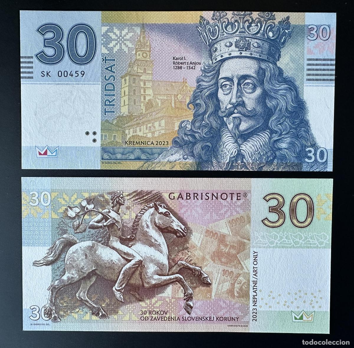International Banknotes: 2023 Matej Gabris 30 Korun BLUE Karol I. Robert z Anjou Kremnica caballo a
