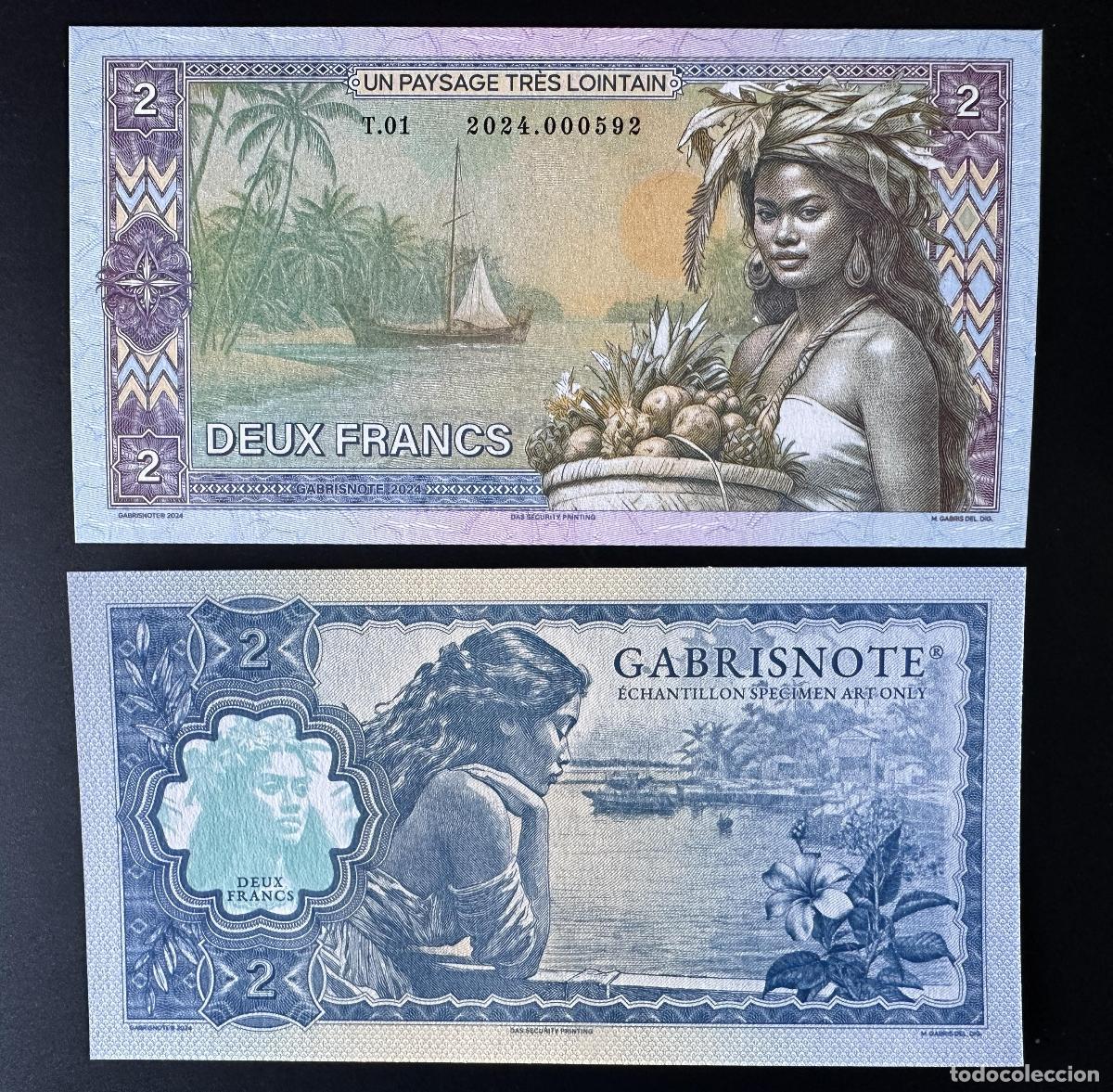 International Banknotes: 2024 Matej Gabris 2 Francs Tahit&iacute; un paisaje muy lejano ENSAYO DE ESP&Eacute;CIMEN LA UNC