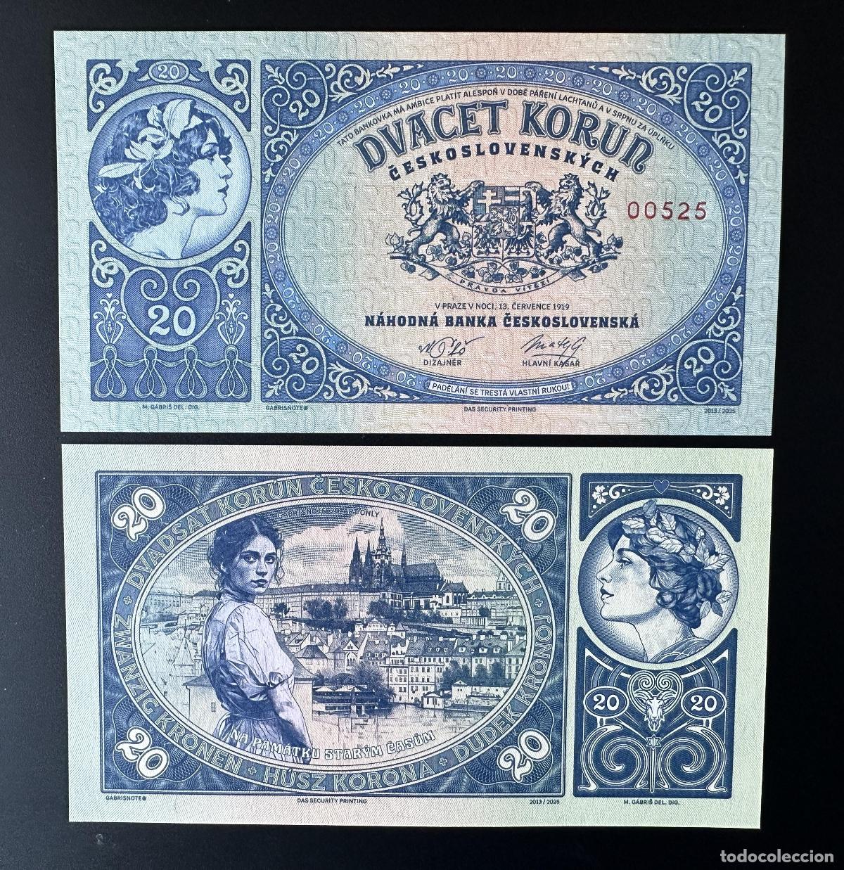 International Banknotes: 2025 Matej Gabris 20 Korun Praha 1919 Nahodna Banka UNC ENSAYO DE ESP&Eacute;CIMEN