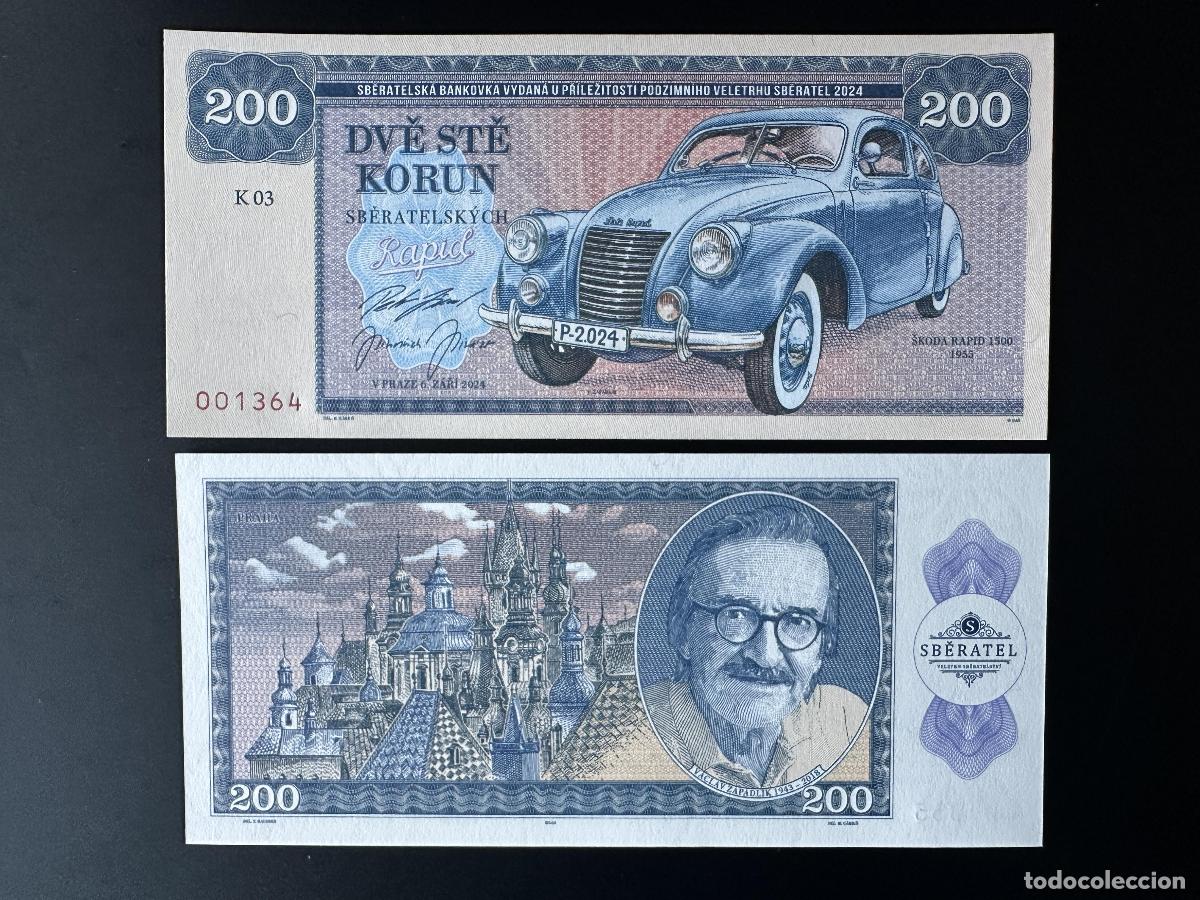 International Banknotes: 2024 Matej Gabris 200 Korun Skoda Rapid 1500 coche Sberatel Praha Zapadlik