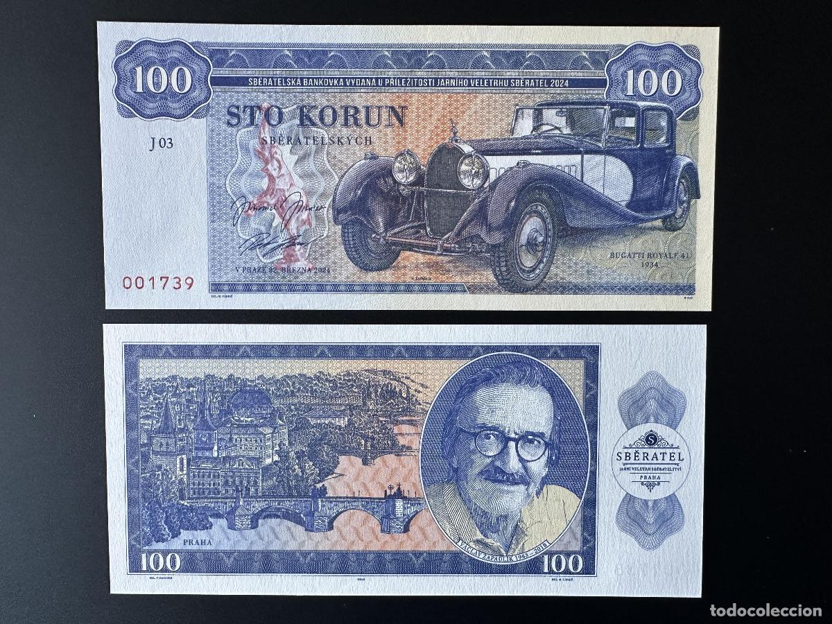 International Banknotes: 2024 Matej Gabris 100 Korun Bugatti Royale car Sberatel Praha Zapadlik ENSAYO
