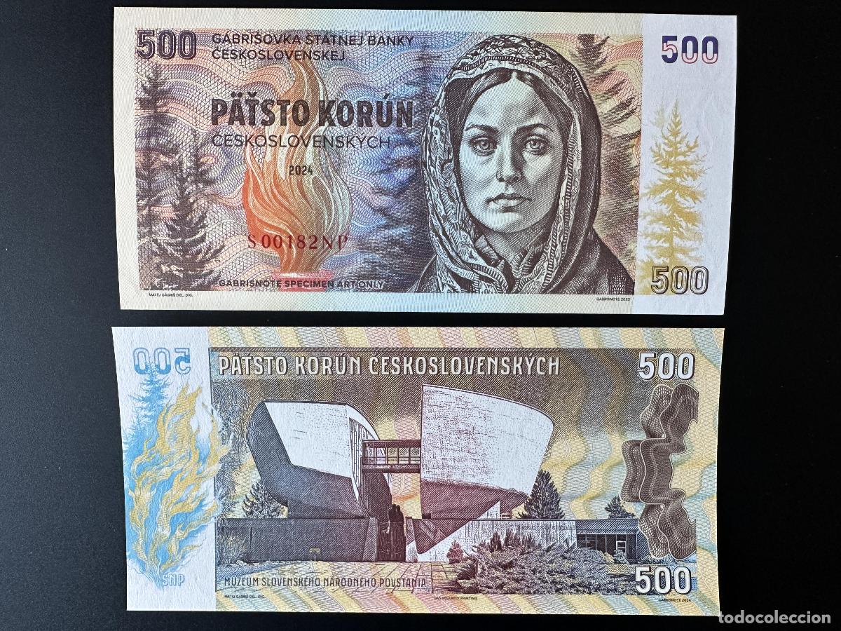 International Banknotes: 2024 Matej Gabris 500 Korun SNP Muzeum Slovenskeho Narodneho UNC ENSAYO DE ESP&Eacute;CIMEN