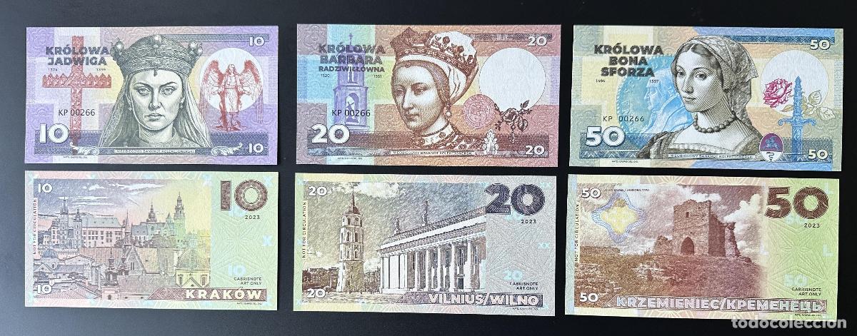 International Banknotes: 2023 Matej Gabris 20/10/50 Kralovne Polska Krolowa UNC ENSAYO DE ESP&Eacute;CIMEN