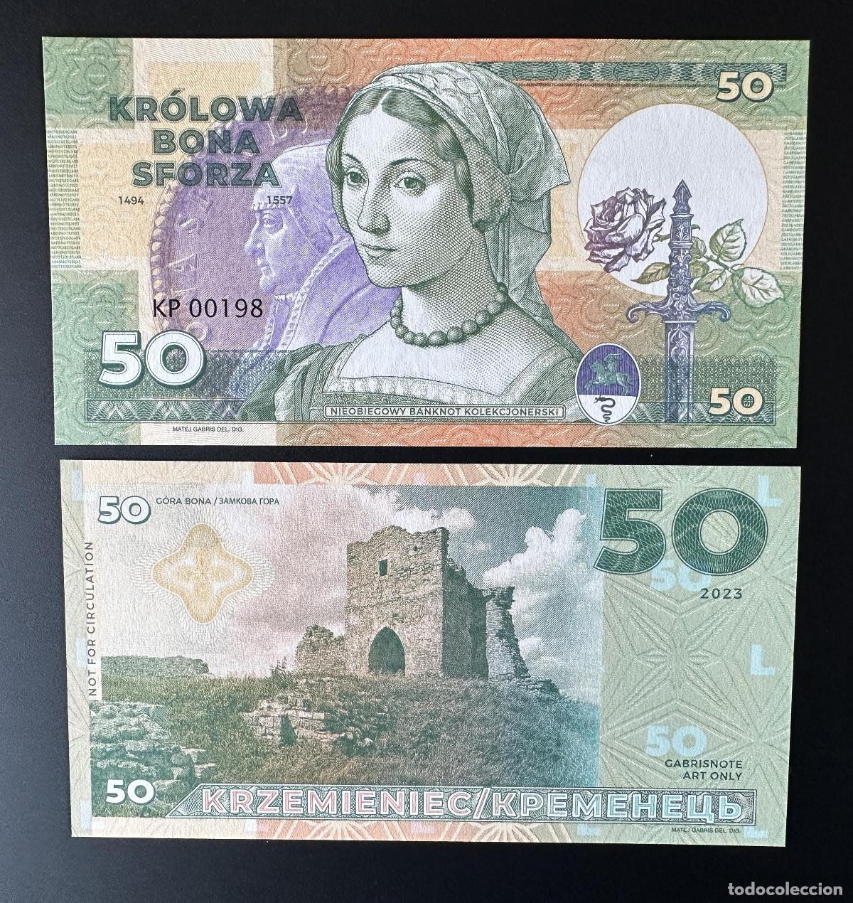 International Banknotes: 2023 Matej Gabris 50 Kralovne Polska Krolowa Bona Sforza Gora UNC ESP&Eacute;CIMEN