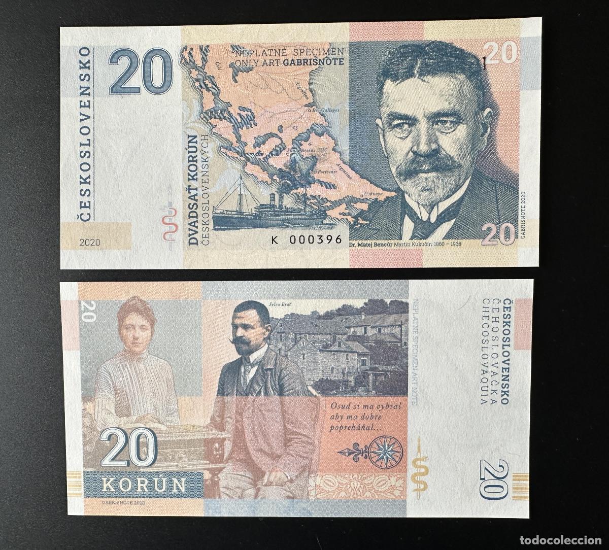 Banconote internazionali: 2020 Matej Gabris 20 Korun &laquo;K&raquo; Checoslovaquia Bencur Kukucin Brac UNC ESP&Eacute;CIMEN