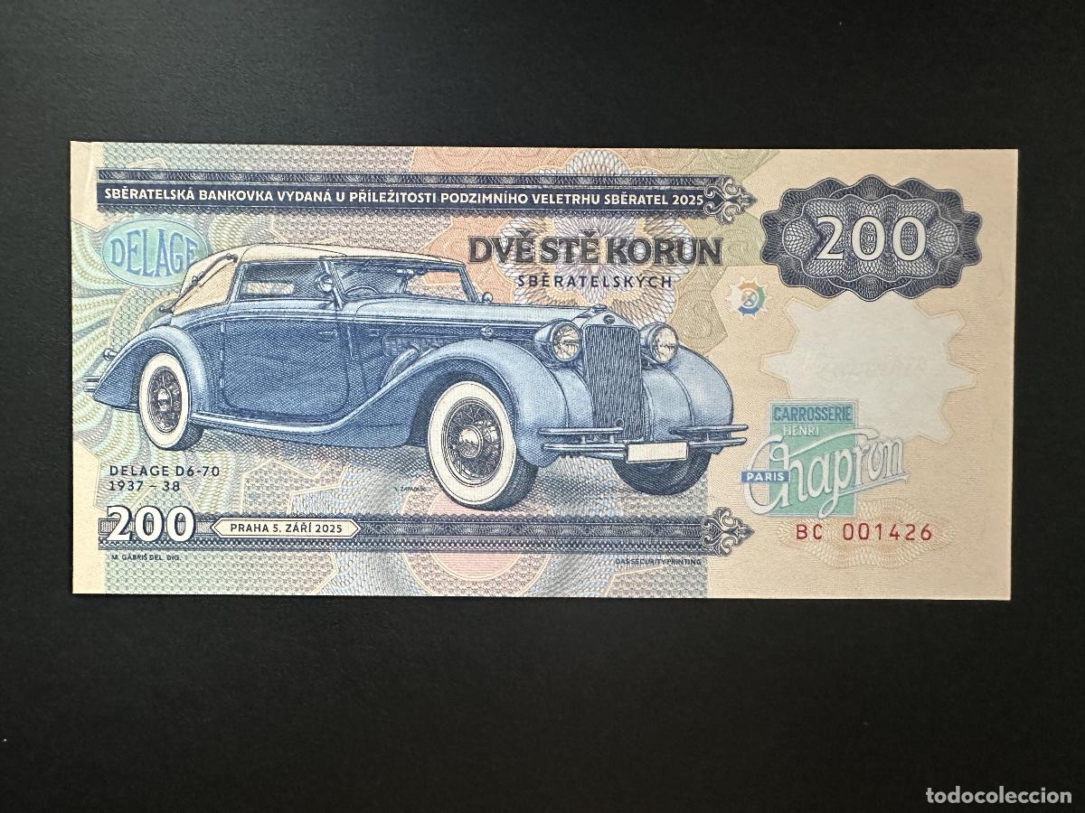 Notas Internacionais: 2025 Matej Gabris Gabrisnote 200 Korun Zapadlik Sberatel Delage D6-70 ESP&Eacute;CIMEN
