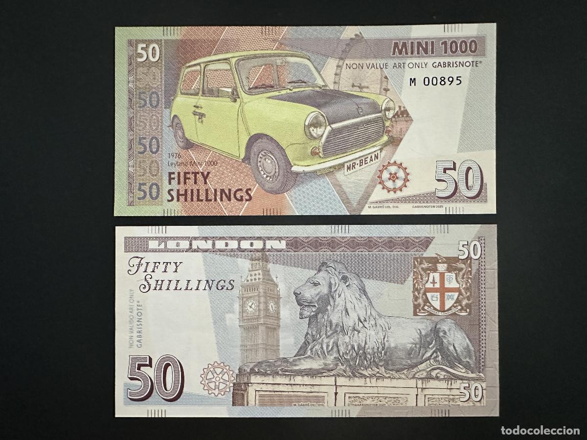 Notas Internacionais: 2025 Matej Gabris Gabrisnote 50 chelines Mini Cooper Londres Big Ben Lion UNC