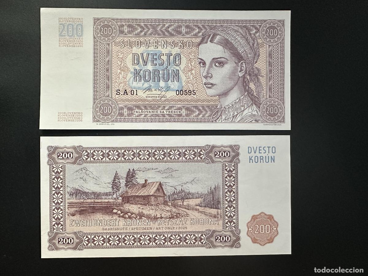 Notas Internacionais: 2025 Matej Gabris Gabrisnote 200 Korun Slovensko (I) ENSAYO DE ESP&Eacute;CIMEN LA UNC