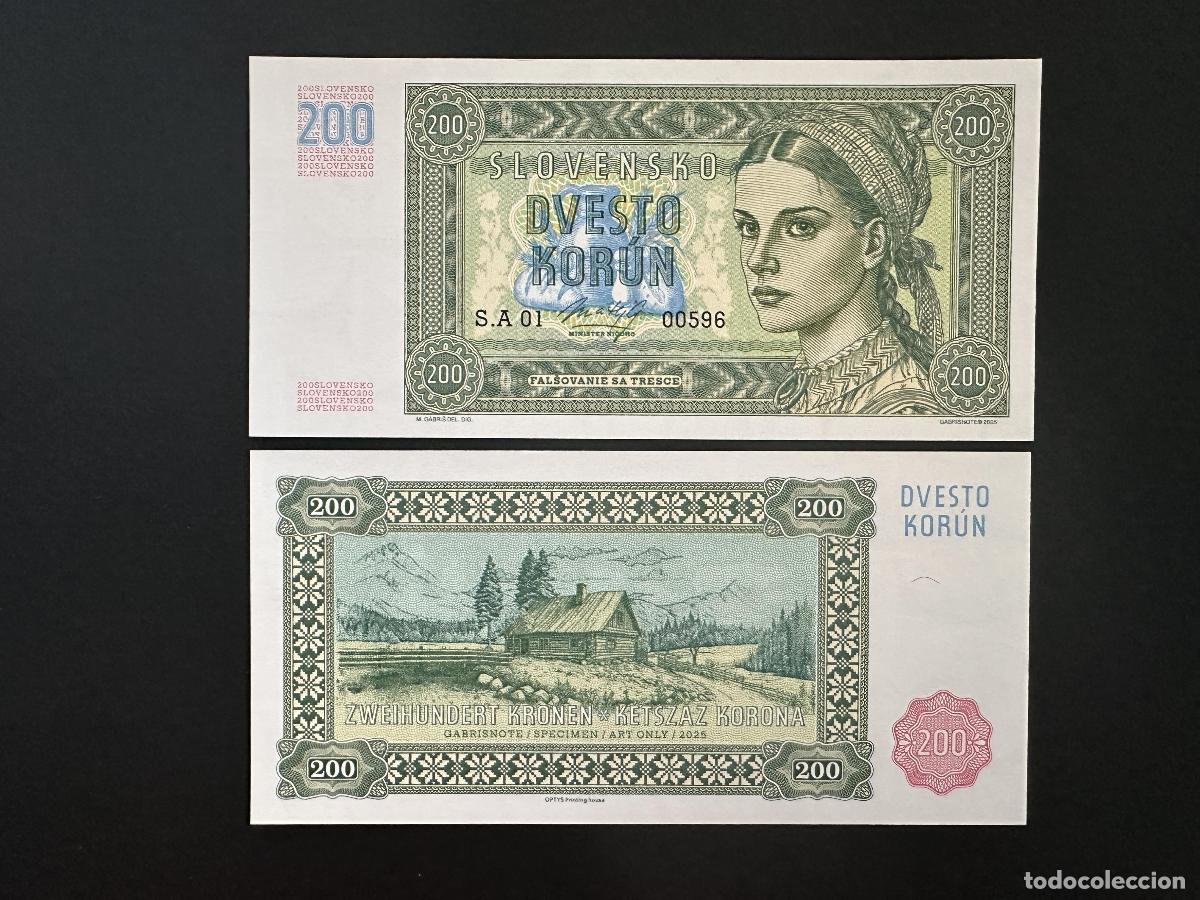 Notas Internacionais: 2025 Matej Gabris Gabrisnote 200 Korun Slovensko (II) ENSAYO DE ESP&Eacute;CIMEN LA UNC