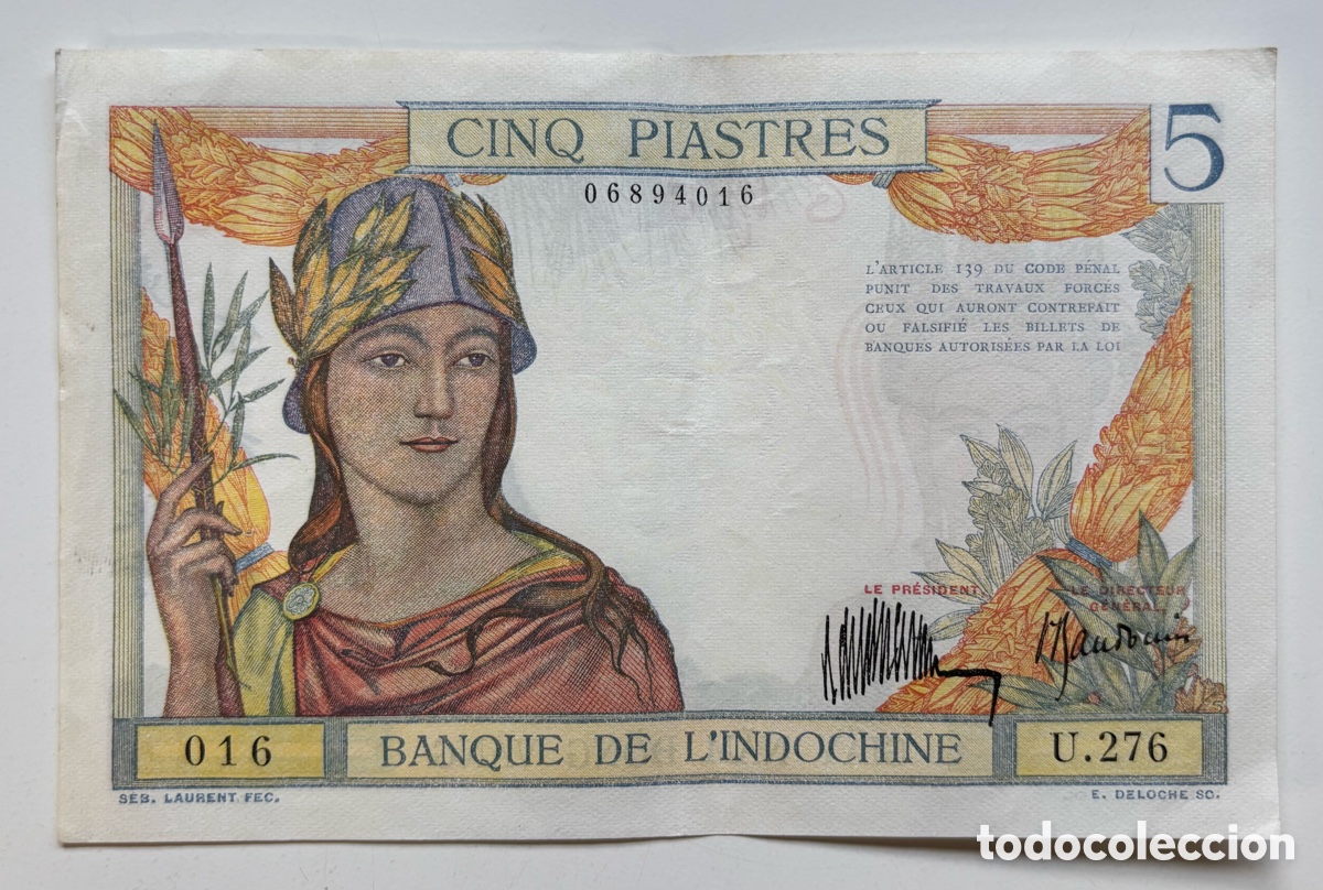 Billetes extranjeros: Billete INDOCHINA 5 Piastras (1932). Indochine Piastres