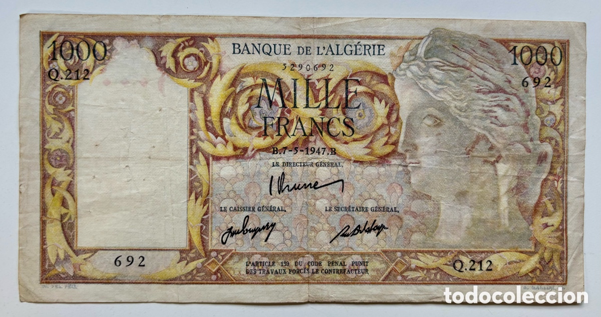 Billetes extranjeros: Billete ARGELIA 1000 Francos 1947. Algerie Francs