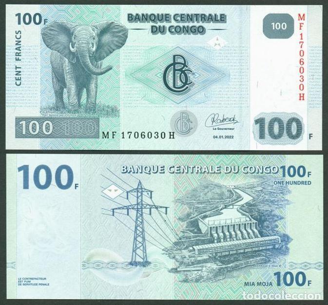 International Banknotes: CONGO Rep. Dem. 100 francs 04.01. 2022. S/C. Fauna. Elefante. Ver firma.