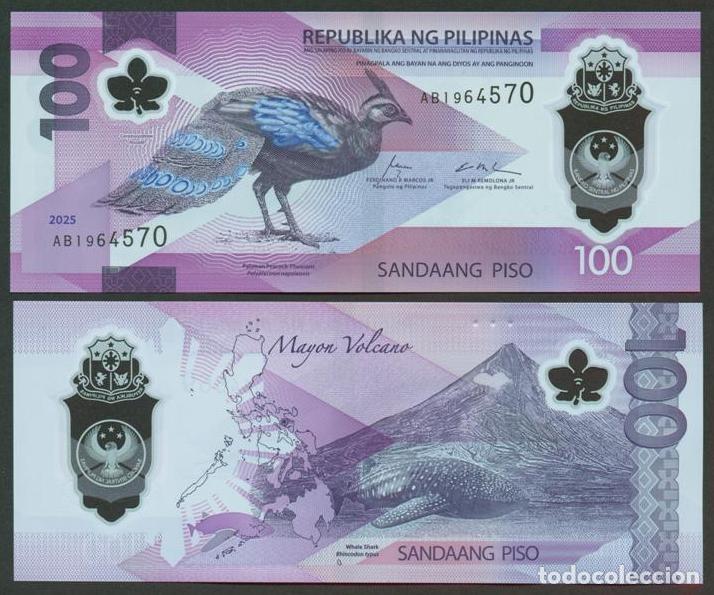 Billetes extranjeros: FILIPINAS (PHILIPPINES). 100 piso (pesos) 2025. Polimero. S/C. Fauna, pavo real, ballena.