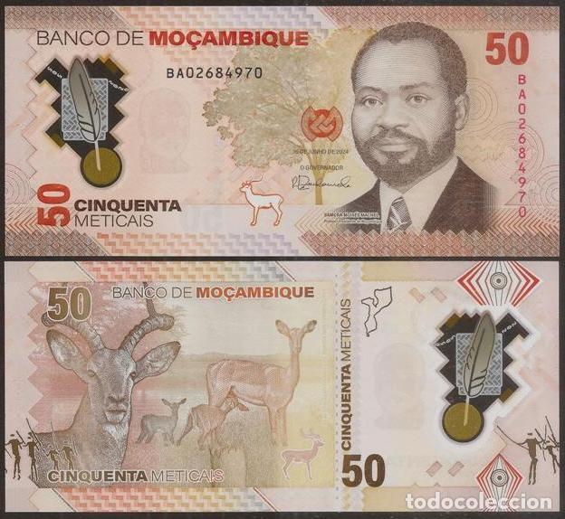Billetes extranjeros: MOZAMBIQUE. 50 meticais 16.06.2024. S/C. Pick 156. Polimero. Fauna. Antilopes.