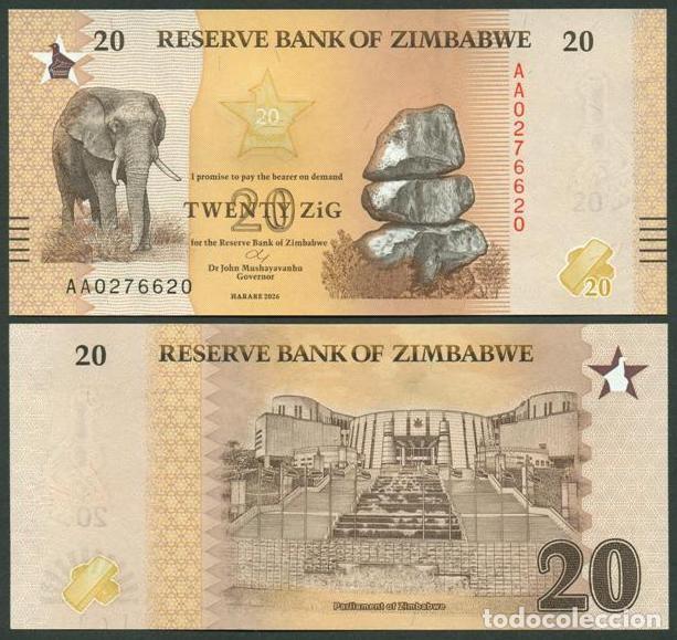 Billetes extranjeros: ZIMBABWE. 20 ZIG 2026. S/C. Fauna, elefante.