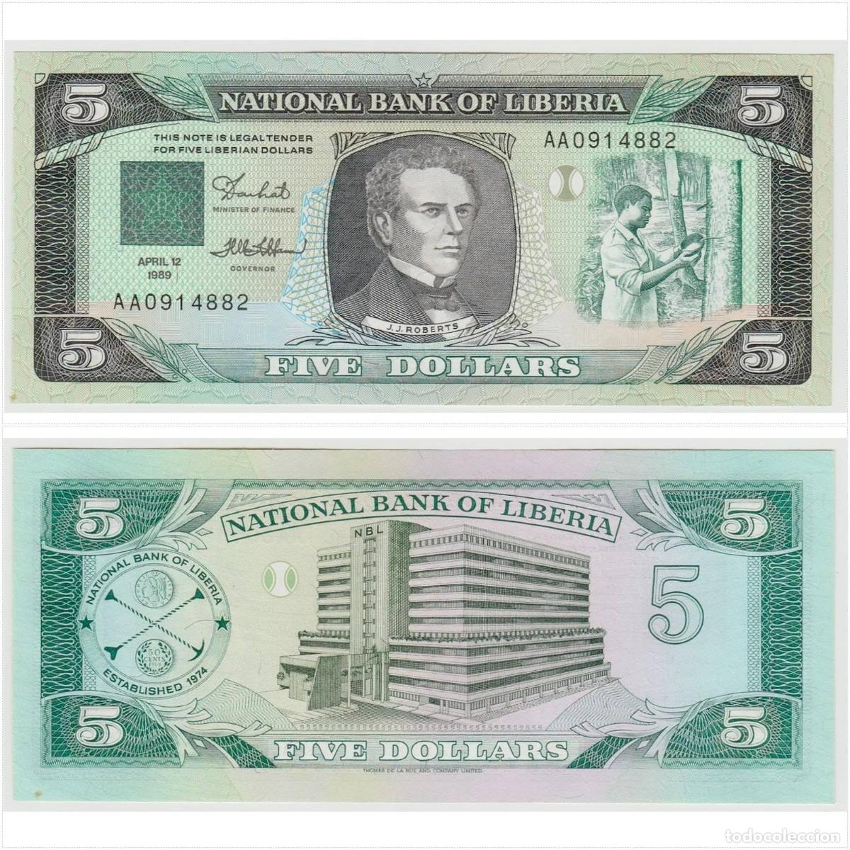 Billetes extranjeros: Liberia 5 D&oacute;lares 1989 Pick 19 n/s AA0914882 Sin Circular (el billete de la foto)