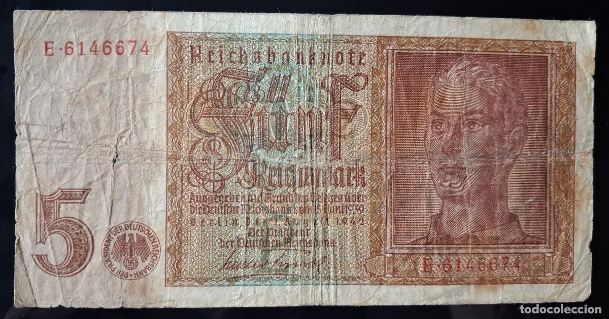 Billetes extranjeros: Alemania 5 reichsmark 1942 (7 d&iacute;gitos) pick 186 ROS179A (BC+)