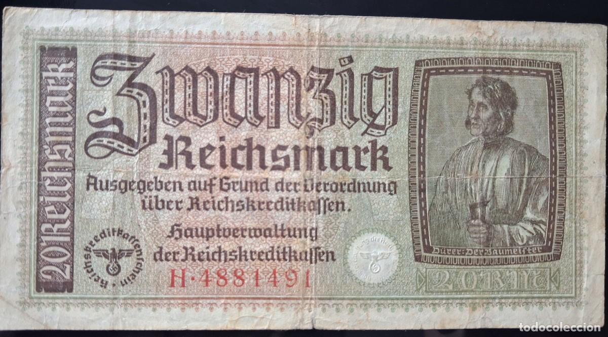 Billetes extranjeros: Alemania 20 reichsmark 1940-45 (territorios ocupados) pick R139 MBC sello seco