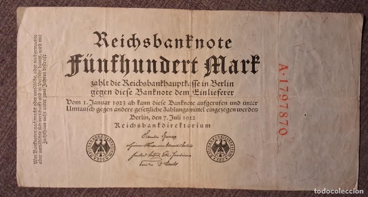 Billetes extranjeros: Alemania 500 marcos 1922 serie A n&uacute;meros rojos (BC+) pick 74A RO71A escaso