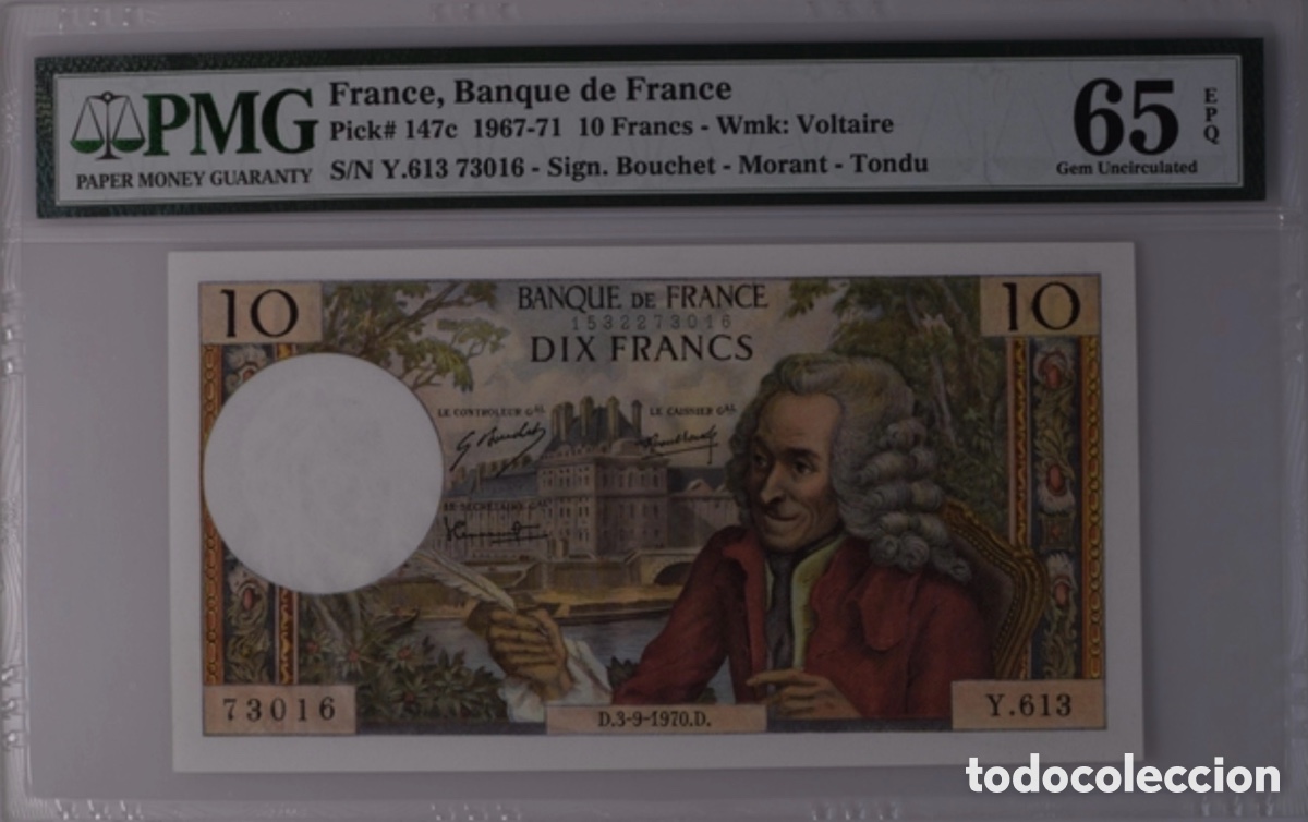 Billetes extranjeros: Billete Francia 10 Francos 1967-71 PMG 65