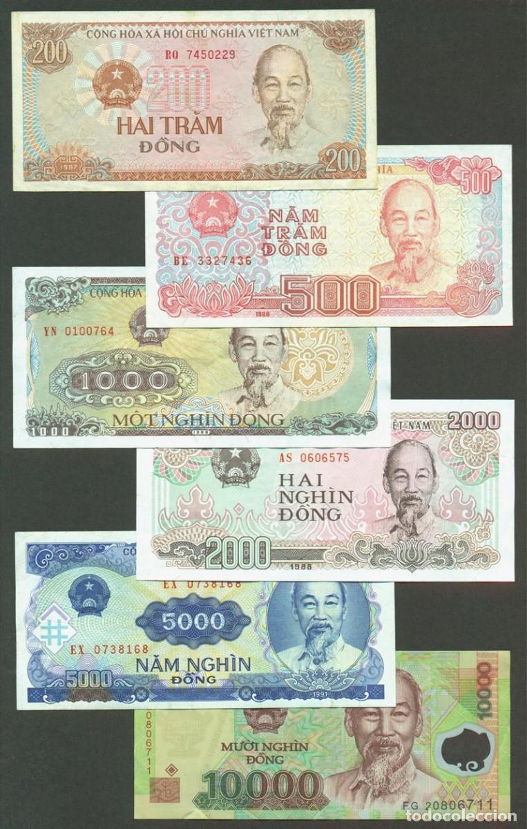 Billetes extranjeros: VIETNAM (NORTE). 5 valores. 500,1000,2000 dong /1988, 5000 dong/1991 y 10000/2020.