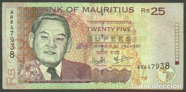 Billetes extranjeros: MAURICIO (MAURITIUS). 25 rupees 1999. Pick 49a. 2 firmas.